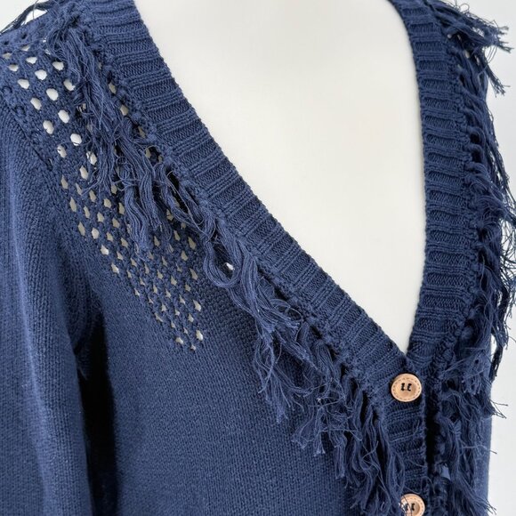Chasor Navy Blue Fringe Button Front Cardigan Sweater M - Picture 3 of 5